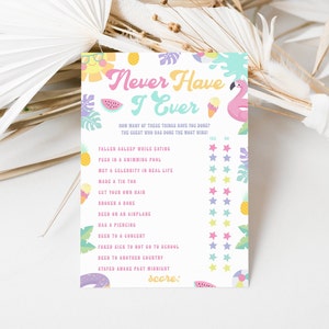 Nunca he tenido juego de fiesta de cumpleaños / Tema de tobogán acuático para niños / Decoración de fiesta en la piscina tropical pastel para niñas / Actividades para adultos y niños / DL008