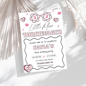 Birthday Party Invitation For Third Birthday Girl | Shades Of Pink Candy | Editable Instant Download | Little Miss Threenager Invite | DL007
