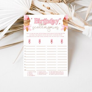 Modelo de jogo de Scattergories de sorvete | Atividades para o primeiro aniversário de uma menina para imprimir | Celebração doce pastel | Download instantâneo | DL013