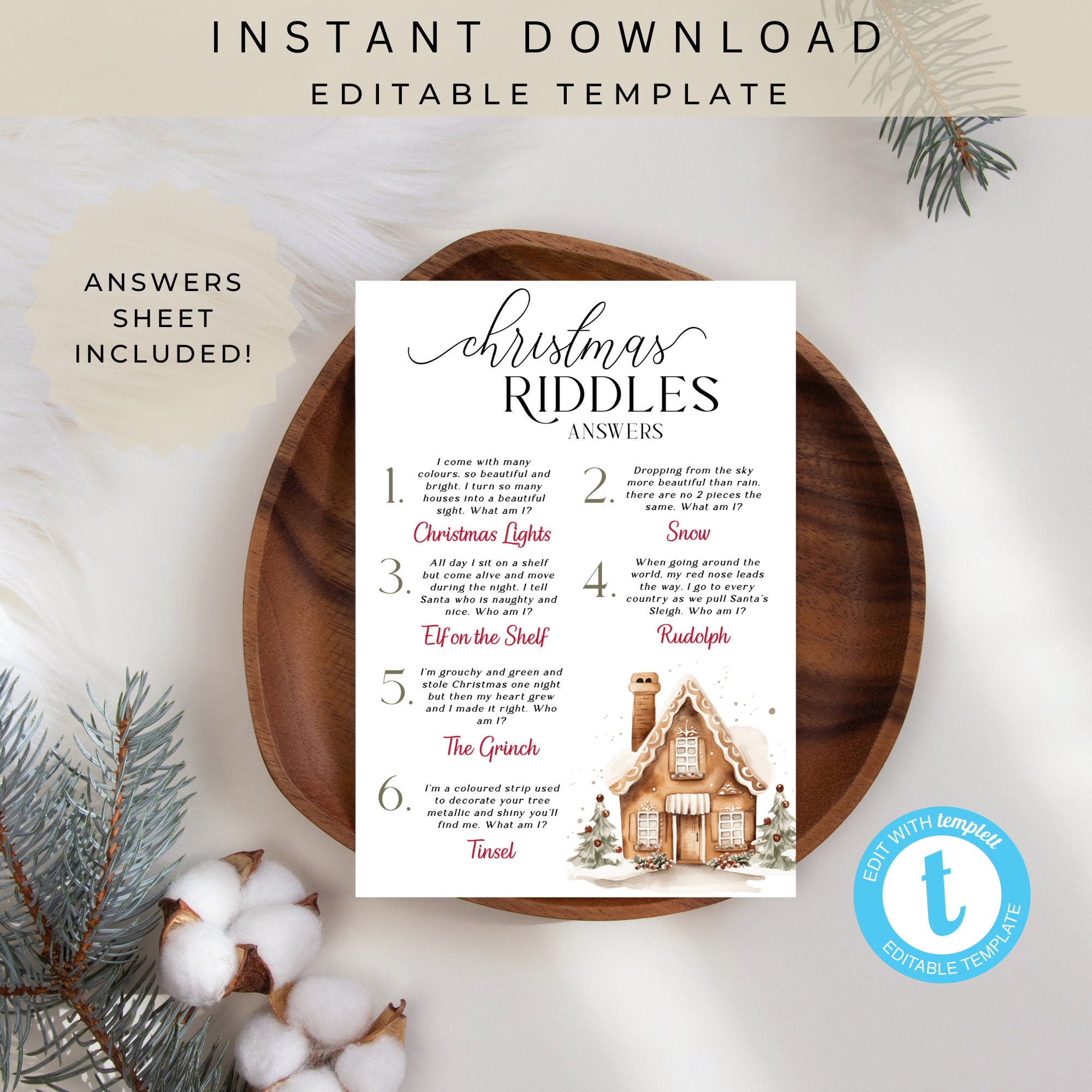 Christmas Riddles Game Printable | Kids Holiday Party Games | Rustic ...