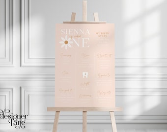 Könnte beinhalten: Ein rosa bedruckbarer Poster mit einer weißen Gänseblümchen und dem Text "SIENNA is now ONE" und "MY BIRTH STATS". Das Poster listet verschiedene Meilensteine für das erste Jahr eines Babys auf, darunter wie viele Wörter es sagt, wie viele Zähne es hat und sein Gewicht.