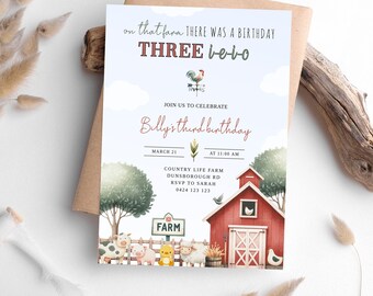 May include: A blue and white farm-themed birthday invitation for a child turning three. The invitation features a red barn, farm animals, and the text "on that farm THERE WAS A BIRTHDAY THREE ie-v-o". It also includes the child's name, "Billy's third birthday", and the date and time of the party.