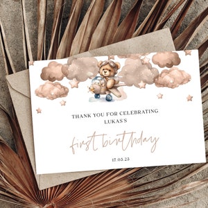Beary First Birthday Thank You Card | Editable Neutral Boy Postcard | Teddy Airplane Birthday Party Thank You | Flat and Folded Tent | DL001