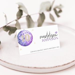 Taylor Party Name Place Card Template | Purple Gold Disco | In my 10 Birthday Era | Buffet Food Table Labels | Flat & Folded Digital | DL010