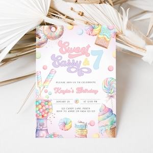 Sweet Sassy And Seven Birthday Invitation | 7Th Birthday Invite | Ice Cream Birthday Invite | Editable Sweet | Candy Party Birthday | DL006