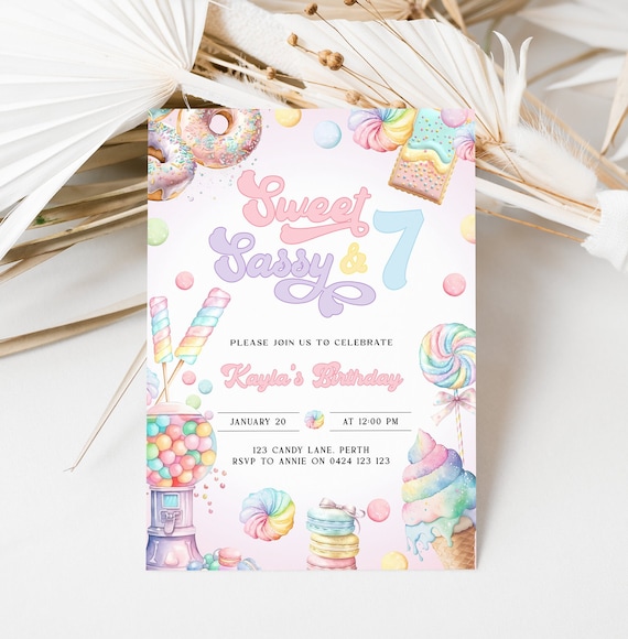Sweet Sassy And Seven Birthday Invitation | 7Th Birthday Invite | Ice Cream Birthday Invite | Editable Sweet | Candy Party Birthday | DL006