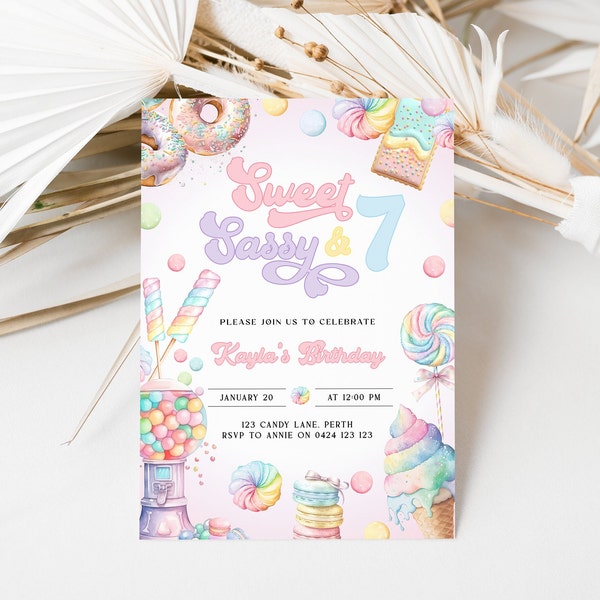 Sweet Sassy And Seven Birthday Invitation | Girl Pastel Candy Land 7th Birthday lnvite | Donuts Icecream Cupcakes Lollies | Editable | DL006