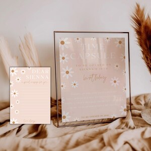 Daisy First Birthday Party Time Capsule Sign Template | Special Message Card | Floral Pink Décor |1st Birthday Keepsake Game Template |DL003