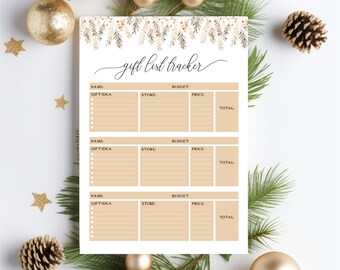 May include: A printable gift list tracker with a beige background and a decorative border of gold and green leaves. The tracker has sections for the name, gift idea, store, budget, price, and total.