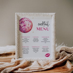 Personalized Cocktail Menu Template | Pink Disco Retro Birthday Custom Sign | Editable Bar Menu Printable | Bachelorette Party Signage |TR06