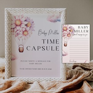 Girl Hot Air Balloon Time Capsule Baby Shower | Pink and Purple Floral Daisy | Special Message Card | Editable Table Sign Template | DL005
