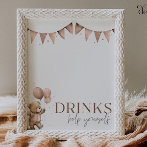 Teddy Bear Drinks Bar Sign | Beige Birthday Custom Sign Template | Boy Birthday Drink Station | Editable Beary First Birthday Decor | DL001