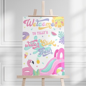 May include: A colorful welcome sign for a water slide party. The sign features a pink flamingo, a blue and green water slide, a watermelon, a donut, a pineapple, an ice cream cone, and a sun with sunglasses. The text on the sign reads "Welcome to Tilly's Water Slide Bash".