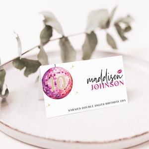 10th Birthday Place Card Template | Pink Disco Party Décor | Taylor Era Theme | Buffet Food Table Labels | Flat & Folded Digital | TR06