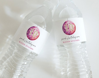 de Emballage de bouteille d'eau pour 10e anniversaire | Décoration de fête disco pour filles | Décorations roses DIY modifiables | Étiquettes personnalisées pour station d'eau | TR06