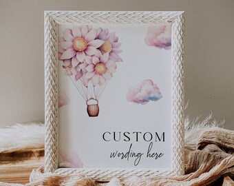 Hot Air Balloon Baby Shower Sign Template | Fully Editable Custom Table Sign Décor | Pink and Purple Daisy | Girls Shower Sign Bundle |DL005