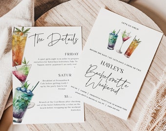 Cocktail Bachelorette Invitation with Itinerary Template  | Hens Party Weekend Party Printable | Citrus Watercolors | Digital Invite | HEN01