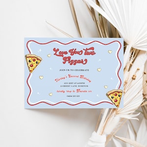 2e verjaardagsuitnodiging pizza jongens | Valentijn pizzaparty | Love you Two Pizzas-uitnodiging | Golvende rand | Vintage blauw en rood | Retro | DL012