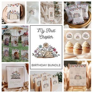 First Chapter Birthday Bundle | Storybook Decor | Editable Invitation | One For The Books Birthday Kit Template | Vintage Wildflower | DL016