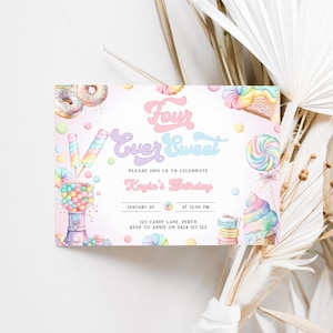 Four Ever Sweet Birthday Invite | Pastel Candy Land Invitation | Donut 4th Birthday Party Girl | Rainbow Ice Cream  Sweet Celebration |DL006