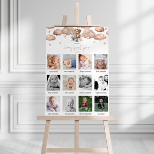 Tableau photo du premier anniversaire de l'ours en peluche | Affiche d’un an d’étape pour bébé | Neutre 12 mois de signe | Personnalisé mon signe de première année | DL001
