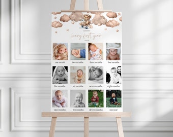 Tablero de fotos del primer cumpleaños del oso de peluche / Cartel del hito de un año del bebé / Signo neutral de 12 meses / Signo personalizado de mi primer año / DL001