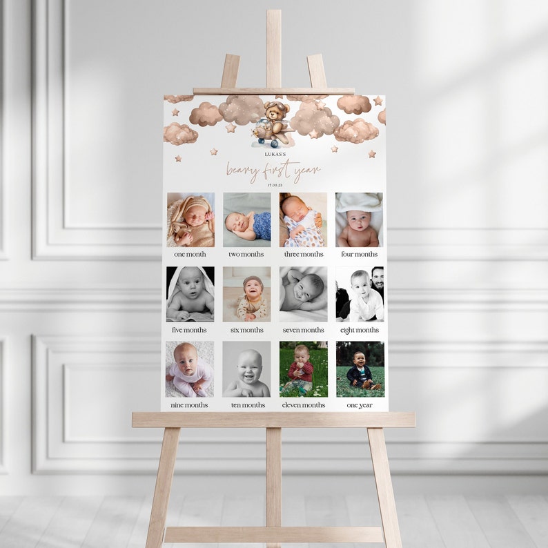 Teddy Bear First Birthday Photo Board | One Year of Baby Milestone ...