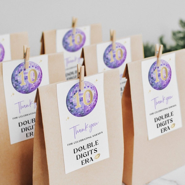 Taylor Party Favor Tags | 10th Birthday Purple Decorations | Eras Thank You Label | Double Digits Editable Template | Girls tenth | DL010