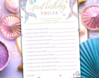 Quién conoce a la cumpleañera. El mejor juego de fiesta. Sirena imprimible. Cuestionario de primer cumpleaños. Diversión bajo el mar. Descarga instantánea. DL015.