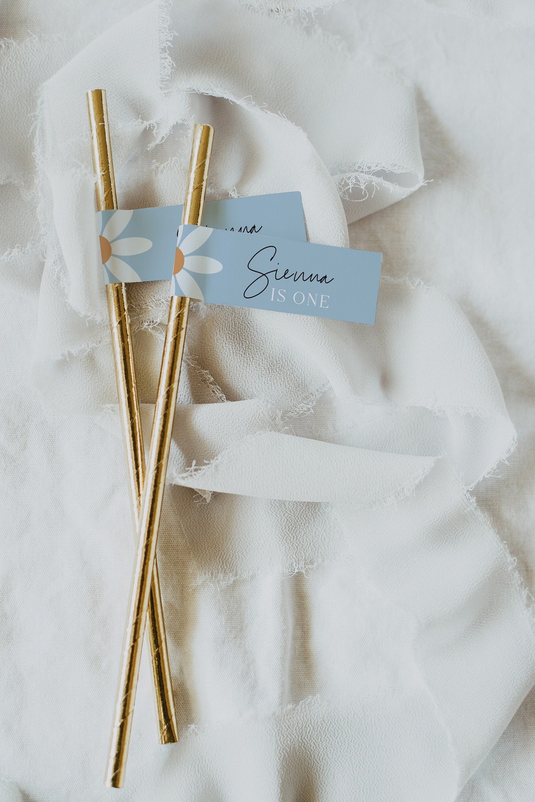 Custom Daisy Straw Flag Template | Girls Blue Floral Birthday Party ...