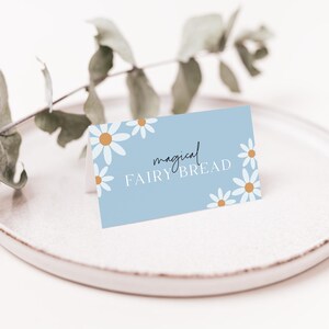Blue Daisy Food Tent Template | Custom Name Place Card | Editable Table Setting Décor | Girl Boho Floral Buffet Sign | Flat & Folded | DL003