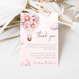 Carte de remerciement pour baby shower en montgolfière | De haut en bas | Téléchargement numérique | Bébé Fille Rose & Violet Marguerite | Téléchargement instantané | DL005