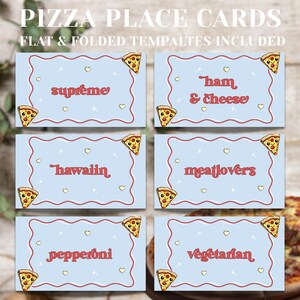 Pizza Party Food Label Template | Editable Buffet Tent Card | Kids Birthday Name Place Cards | Retro Groovy Blue Digital Download | DL012