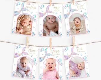 Banner fotografico mensile a tema sirena / Decorazione per compleanni importanti / Tema sottomarino / Esposizione foto del primo anno / Glitter oro viola pastello / DL015