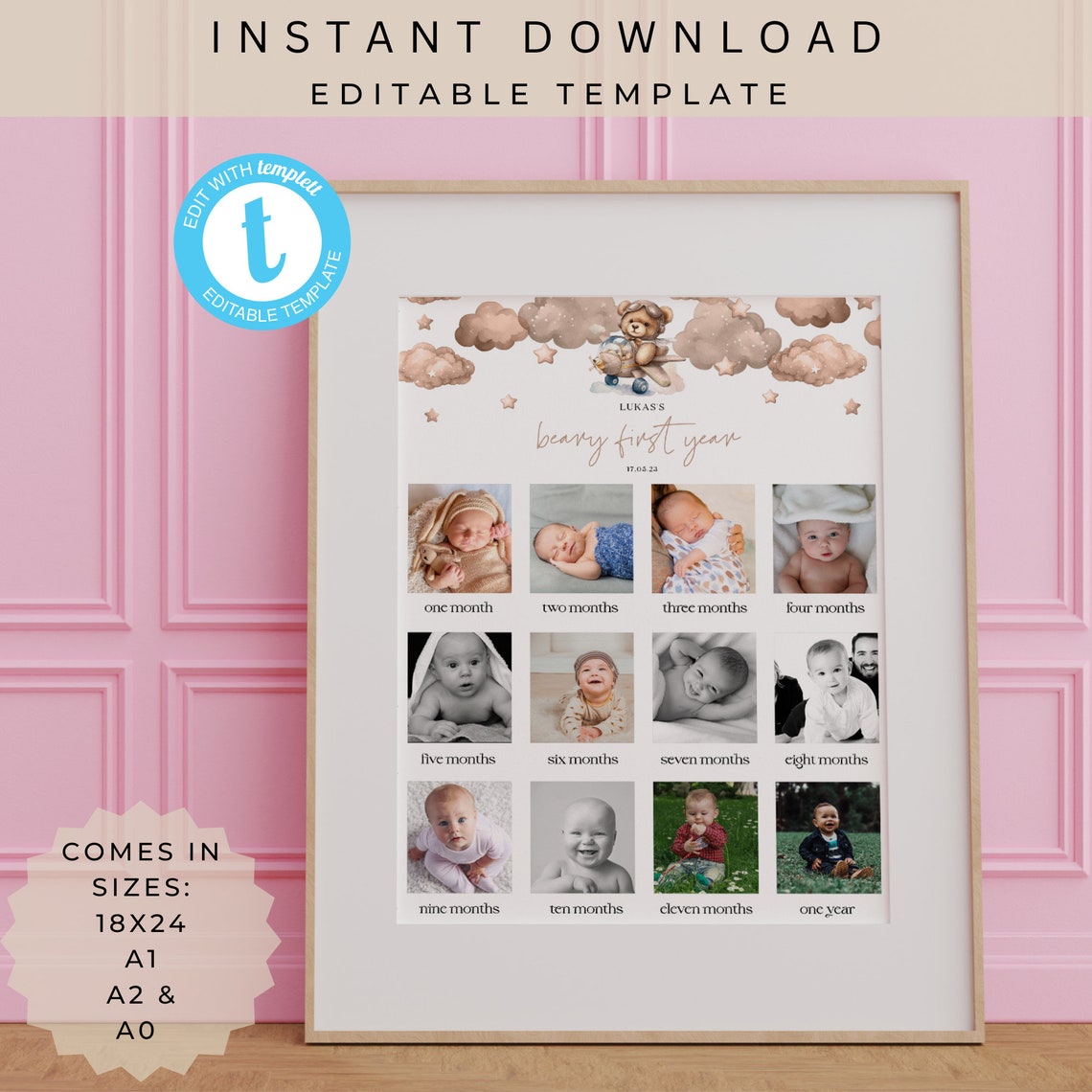 Teddy Bear First Birthday Photo Board | One Year of Baby Milestone ...