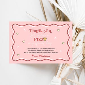 Retro Pizza Birthday Party Thank You Card | Flat & Folded Template 6x4 | Vintage Girl Pink Red Pizza Decorations | Guest Party Favor | DL012