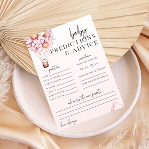 Modèle de carte de prédictions et de conseils pour bébé en montgolfière | Souhaits pour bébé fille | Jeu de fête de baby shower de marguerite rose | Texte modifiable | DL005