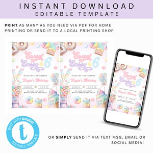 K&ouml;nnte beinhalten: Bearbeitbare Vorlage f&uuml;r eine Geburtstagseinladung mit einem Bonbon-Thema. Die Einladung hat einen rosa und blauen Hintergrund mit verschiedenen Bonbon-Illustrationen, darunter Lutscher, Donuts und Eiscreme. Der Text "Sweet & Sassy 6" ist in einer verspielten Schriftart geschrieben. Die Einladung enth&auml;lt auch das Datum, die Uhrzeit und den Ort der Party.