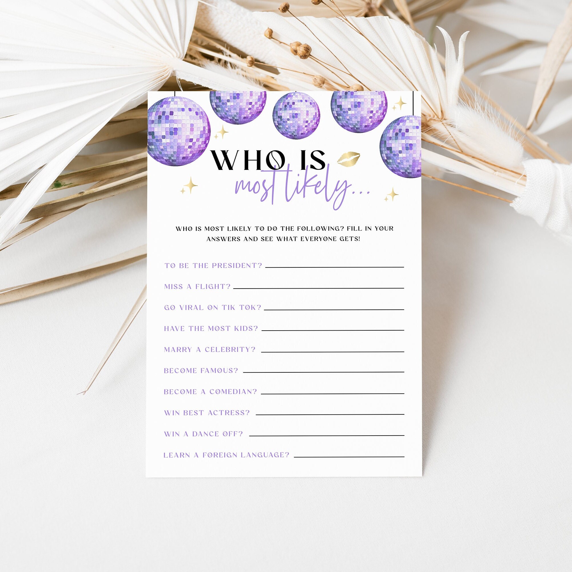 Who is most likely to Game | Girls Teens Sleep Over Party | 10th Birthday Purple Disco | In My Birthday Era | Fun Printable Games | DL010