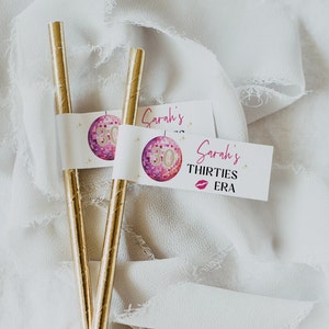 Pink Disco Straw Tag Template | Custom Party Favor Straw Flag | Printable Drink Flag | In the Birthday Era Theme | Retro DIY Décor | TR06
