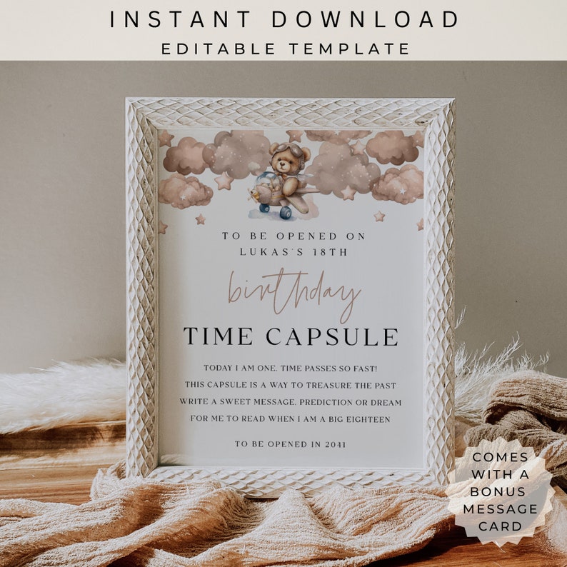Teddy Bear Time Capsule Sign Template | 1st Birthday Special Message ...