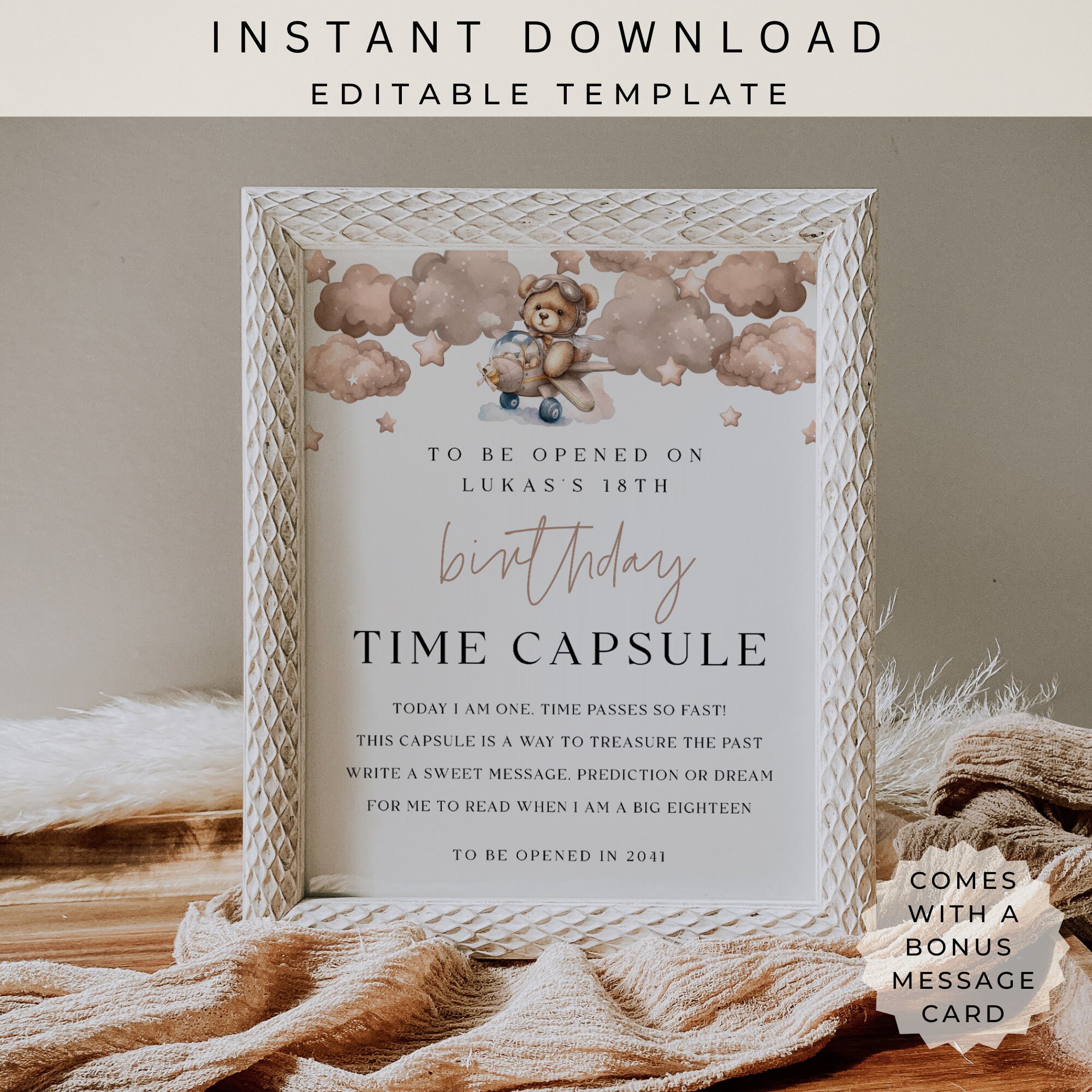 Teddy Bear Time Capsule Sign Template | 1st Birthday Special Message ...
