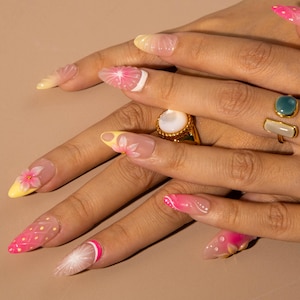 Strawberry Dream Press-On Nails | 3D Floral Pink Summer Nail Art with Jelly Finish | Hand-Painted Cute Fruit-Inspired Nail Set  | Summer