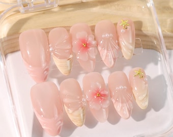 Pink Dreamy Ocean 3D Floral Press-On Nails | Medium Almond Nails with 3D Flowers & Pearls | Soft Pastel Beach Vibes for Summer Getaway