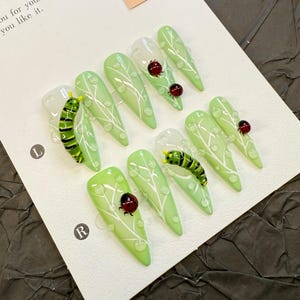 3D Ladybug & Caterpillar Nails | Hand Painted Insect Press Ons | Teal Green Nature Nails | Dew Drop Bug Nails | Whimsical Garden Nails