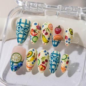 Tropical Fruit Press-On Nails | Hand-Painted Citrus & Berry Nail Art | Summer Picnic Design with Plaid With Bows | Cute Colorful Nails