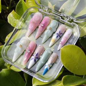 Freestyle 3D Floral & French Tip Press On Nails | Custom Artistic Nail Design | Elegant Unique | Reusable False Nails |Spring ,Summer Nails