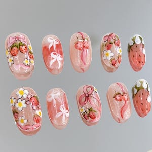 Cute and sweet hand-painted strawberries | 3d strawberry nails |Hand-painted art | Nail stickers | Elegant nails | Fake nails |Gifts for her