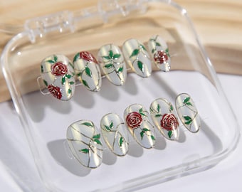 Hand Painted Metal Rose Press On Nails | JasmineNailArt | Handmade Press On Nails · Cute Custom Designs · Short Almond & Japanese Style