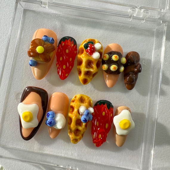 Custom 3D Waffle Food Press On Nails, Yummy Summer Nails, Breakfast Nails, Kawaii 3D Art Nails, Long Lasting Press Ons, Waffle Y2K Nails